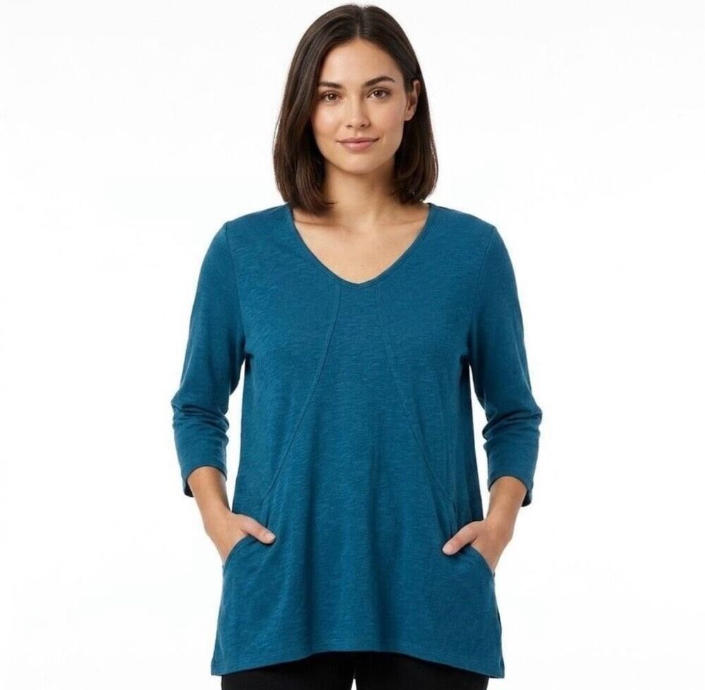 ✨Habitat Tunic Blouse Women’s Large Blue Linen V Neck 3/4 Sleeve Pocket Top✨